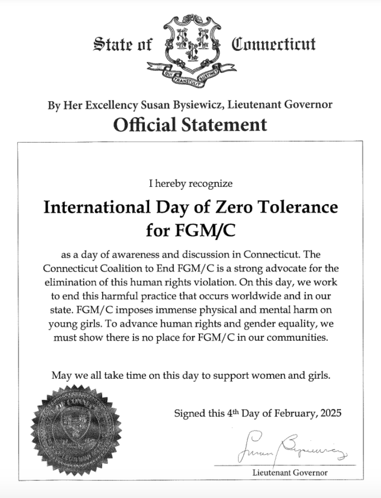 Connecticut’s Lieutenant Governor Recognizes International Day of Zero Tolerance for FGM/C